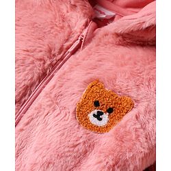 Babyhug Knit Full Sleeves Winter Wear Hooded Romper With Bear Applique - Brown