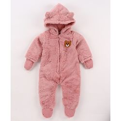 Babyhug Knit Full Sleeves Winter Wear Hooded Romper With Bear Applique - Brown