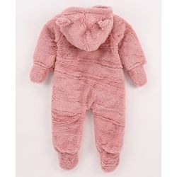 Babyhug Knit Full Sleeves Winter Wear Hooded Romper With Bear Applique - Brown