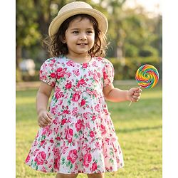 Babyhug Cotton Knit Half Sleeves Frock With Floral Print & Bow Applique - White