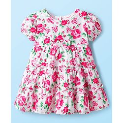 Babyhug Cotton Knit Half Sleeves Frock With Floral Print & Bow Applique - White