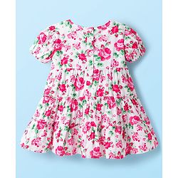 Babyhug Cotton Knit Half Sleeves Frock With Floral Print & Bow Applique - White