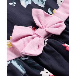 Babyhug Cotton Woven Half Sleeves Floral Printed Frock - With Bow Applique - Navy Blue