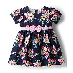 Babyhug Cotton Woven Half Sleeves Floral Printed Frock - With Bow Applique - Navy Blue