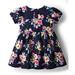 Babyhug Cotton Woven Half Sleeves Floral Printed Frock - With Bow Applique - Navy Blue