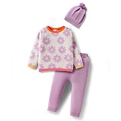 Babyhug Cotton Knit Full Sleeves Pullover Sweater Set with Cap & Floral Design - Lavender