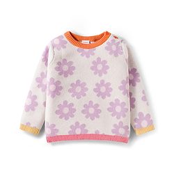 Babyhug Cotton Knit Full Sleeves Pullover Sweater Set with Cap & Floral Design - Lavender