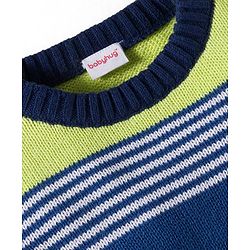 Babyhug Cotton Knit Full Sleeves Pull Over Sweater Set with Stripes & Cap - Navy Blue