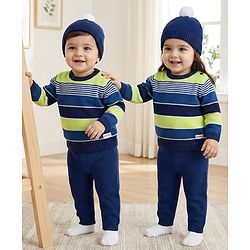 Babyhug Cotton Knit Full Sleeves Pull Over Sweater Set with Stripes & Cap - Navy Blue
