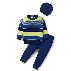 Babyhug Cotton Knit Full Sleeves Pull Over Sweater Set with Stripes & Cap - Navy Blue