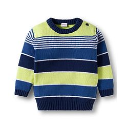 Babyhug Cotton Knit Full Sleeves Pull Over Sweater Set with Stripes & Cap - Navy Blue