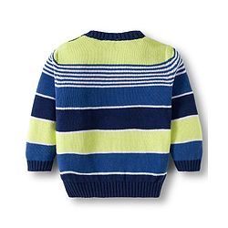 Babyhug Cotton Knit Full Sleeves Pull Over Sweater Set with Stripes & Cap - Navy Blue