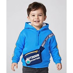 Babyhug Fleece Knit Full Sleeves Hooded Sweatshirt With Sling Bag Applique - Blue