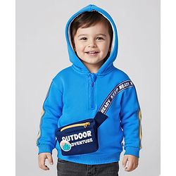 Babyhug Fleece Knit Full Sleeves Hooded Sweatshirt With Sling Bag Applique - Blue