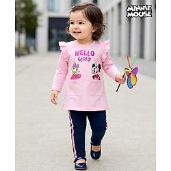 Babyhug Disney Single Jersey Knit Full Sleeves T-Shirt and Leggings with Minnie and Friends Graphics - Pink & Navy Blue
