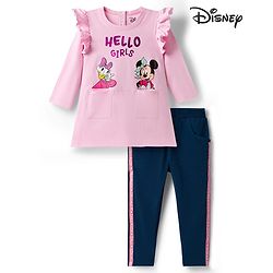 Babyhug Disney Single Jersey Knit Full Sleeves T-Shirt and Leggings with Minnie and Friends Graphics - Pink & Navy Blue