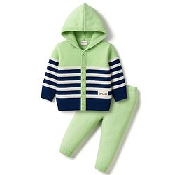 Babyhug Knitted Full Sleeves Striped Hooded Sweater Set - Blue & Green