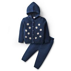 Babyhug Knit Full Sleeves Front Open Hooded Sweater Set With Floral Embroidery - Navy Blue