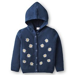 Babyhug Knit Full Sleeves Front Open Hooded Sweater Set With Floral Embroidery - Navy Blue