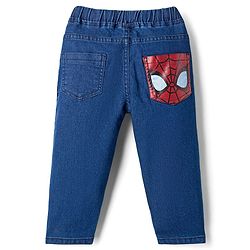 Babyhug Denim Woven Full Length Jeans With Spiderman Print - Blue