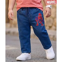 Babyhug Denim Woven Full Length Jeans With Spiderman Print - Blue