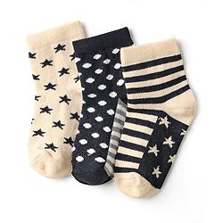 Cute Walk by Babyhug Knit Ankle Length Anti-Bacterial Socks with Polka Dot Stripe & Star Design Pack of 3 - Beige & Black