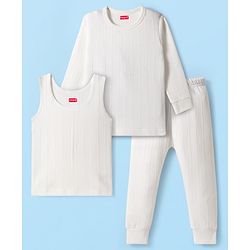 Babyhug Knit Full Sleeves Solid Colour Thermal Inner Wear Set With Vest - Off White