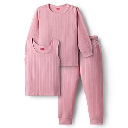 Babyhug Knit Full Sleeves Solid Color Pullover & Sleeveless Thermal Vest & Pant Set - Pink