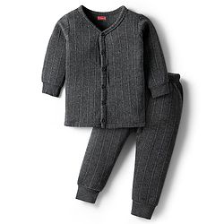 Babyhug Knit Full Sleeves Solid Front Open Thermal Set - Charcoal Grey