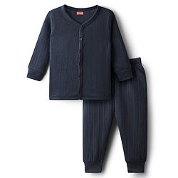Babyhug Knit Full Sleeves Solid Color Front Open Thermal Vest & Pant Set - Navy Blue