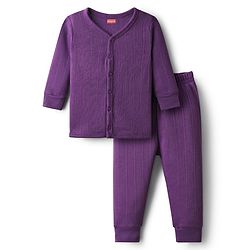 Babyhug Knit Full Sleeves Solid Color Front Open Thermal Vest & Pant Set - Purple