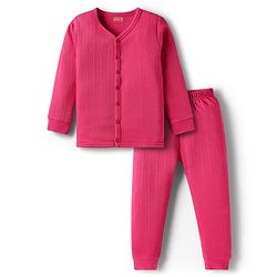 Babyhug Cotton Knit Full Sleeves Solid Coloured Front Open Thermal Inner Wear Set - Dark Pink
