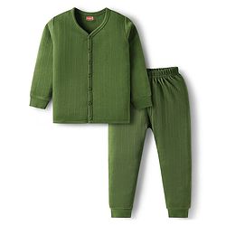 Babyhug Knit Full Sleeves Solid Front Open Thermal Set - Olive Green