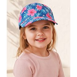 Babyhug Cotton Woven Cap With Floral Print Navy Blue - Diameter 15 cm