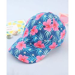 Babyhug Cotton Woven Cap With Floral Print Navy Blue - Diameter 15 cm
