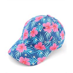 Babyhug Cotton Woven Cap With Floral Print Navy Blue - Diameter 15 cm