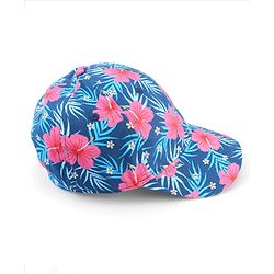 Babyhug Cotton Woven Cap With Floral Print Navy Blue - Diameter 15 cm