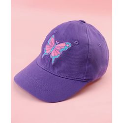 Babyhug Cotton Woven Cap With Butterfly Print Purple - Diameter 16