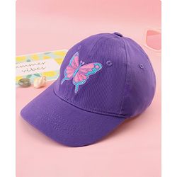Babyhug Cotton Woven Cap With Butterfly Print Purple - Diameter 16