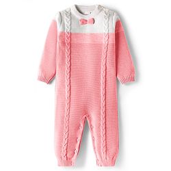 Babyhug Sweater Knit Full Sleeves Winter Wear Romper With Cable Knit Design & Bow Applique - Light Blue