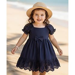 Babyhug Cotton Knit Half Sleeves Solid Coloured Frock With Lace Detailing & Bow Applique - Navy Blue
