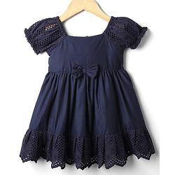 Babyhug Cotton Knit Half Sleeves Solid Coloured Frock With Lace Detailing & Bow Applique - Navy Blue