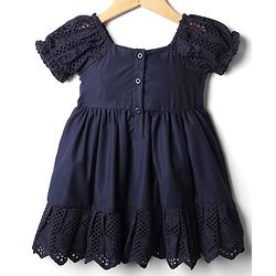 Babyhug Cotton Knit Half Sleeves Solid Coloured Frock With Lace Detailing & Bow Applique - Navy Blue