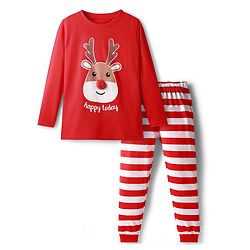 Babyhug Cotton Knit Full Sleeves Night Suit with Reindeer & Stripe Print - Red & White