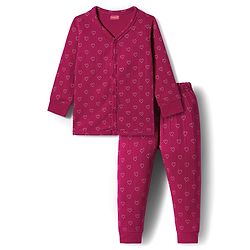 Babyhug Knit Full Sleeves Thermal Inner Wear Set With Heart Print - Fuchsia