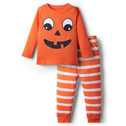 Babyhug Cotton Knit Full Sleeves Night Suit With Stripes - Orange
