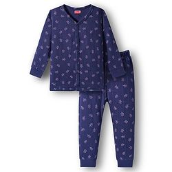 Babyhug Knit Full Sleeves Winter Thermal Inner Wear With Floral Print - Navy Blue