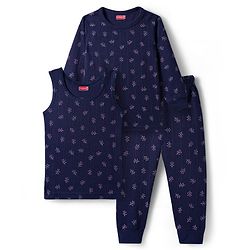 Babyhug Knit Full Length Thermal Inner Wear Set with Vest & Floral Print - Navy Blue
