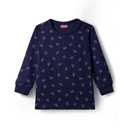 Babyhug Knit Full Length Thermal Inner Wear Set with Vest & Floral Print - Navy Blue