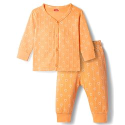 Babyhug Knit Full Sleeves Thermal Inner Wear Set With Heart Print - Orange